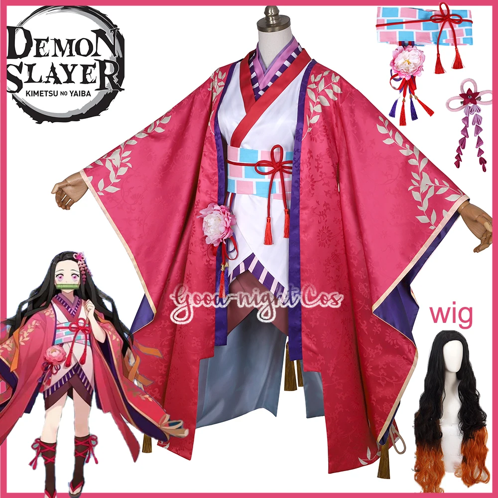 Anime Demon Slayer Kamado Nezuko Cosplay Kostüüm parukas Kleit Öö ilutulestik Kimetsu No Yaiba Tüdrukud Ühtne Halloween pool