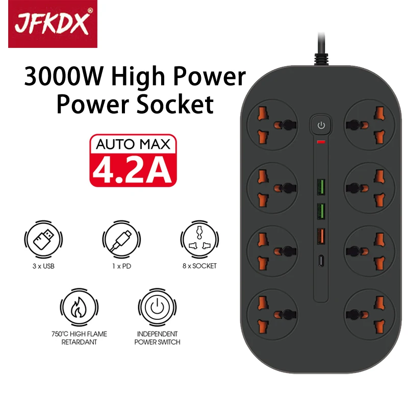 JFKDX USA UK EU 3000W Kõrge Multiprise Smart Power Strip 2M Pikendus Kaabli Pistikupesa Võrgustik Filter, Mille USB-Port Eest