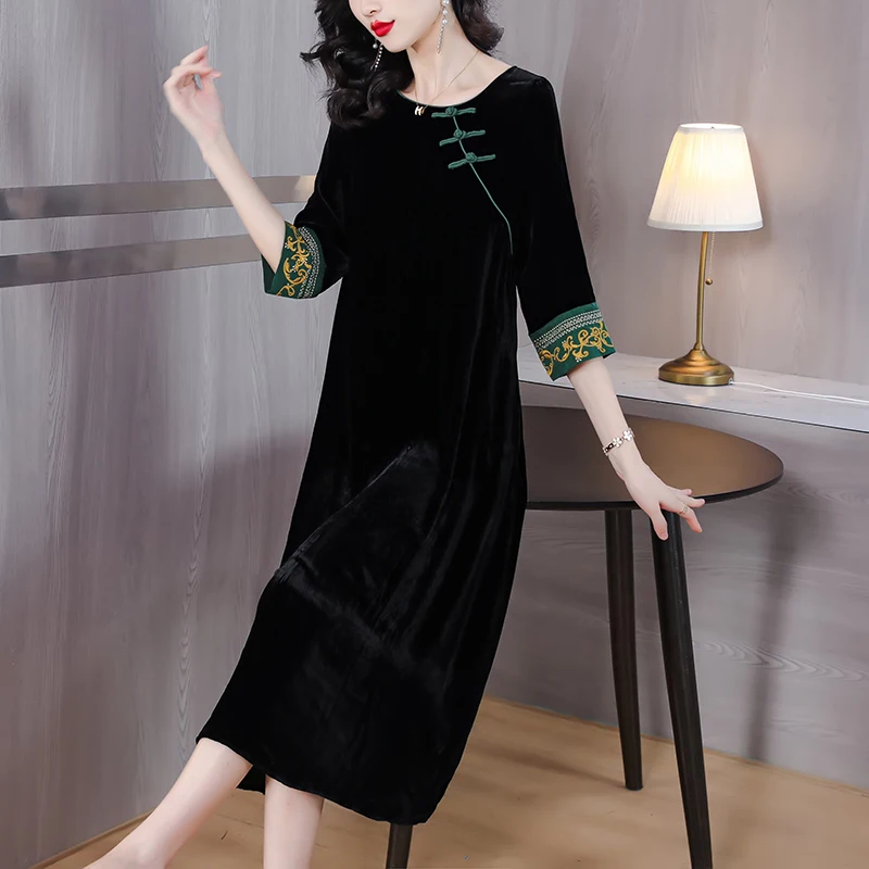 Vintage Trükitud Kulla Velvet Kleit Uus Mood Temperament Naiste Lahtised Pikk Elegantne Korea Täis Varrukas Kleidid